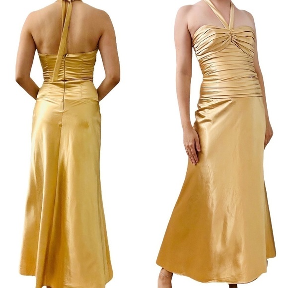 Dancing Queen Dress Long Formal Prom Gold Halter Metallic Gala Sweetheart Small - Picture 1 of 9